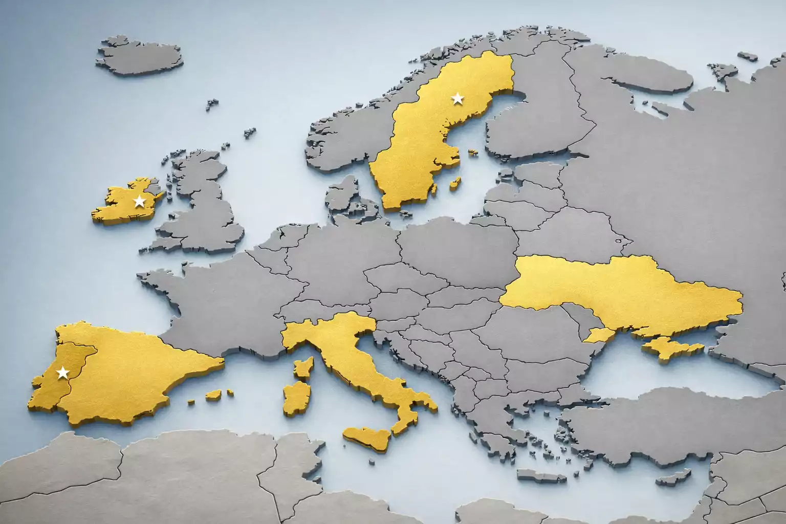 Mapa de Europa con países ganadores de Eurovisión destacados