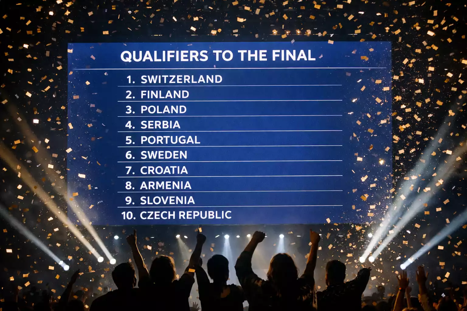 Pantalla mostrando los países clasificados a la final de Eurovisión