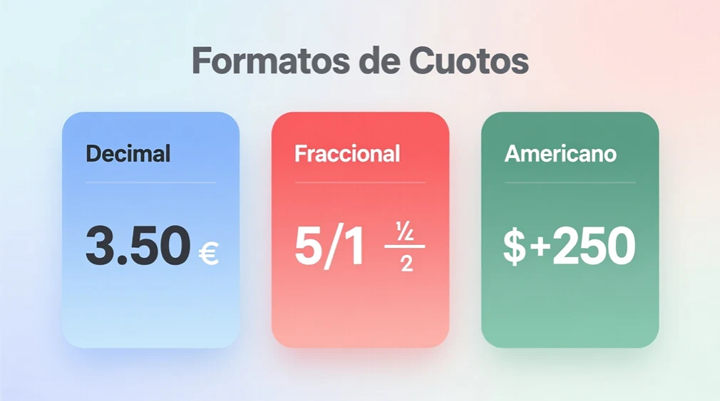 Infografía comparativa de los tres formatos de cuotas: decimal 3.50, fraccionario 5/1 y americano +250