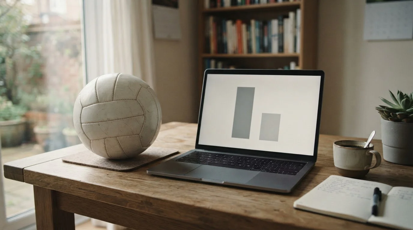 Balón de fútbol junto a un portátil con dos columnas de distinta altura