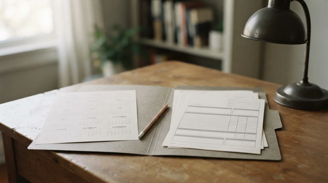 Carpeta con formularios fiscales en blanco junto a un calendario anual sobre un escritorio
