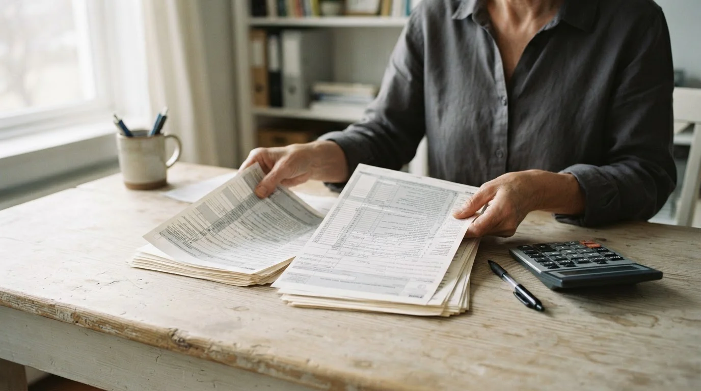 Manos ordenando formularios fiscales en blanco junto a una calculadora