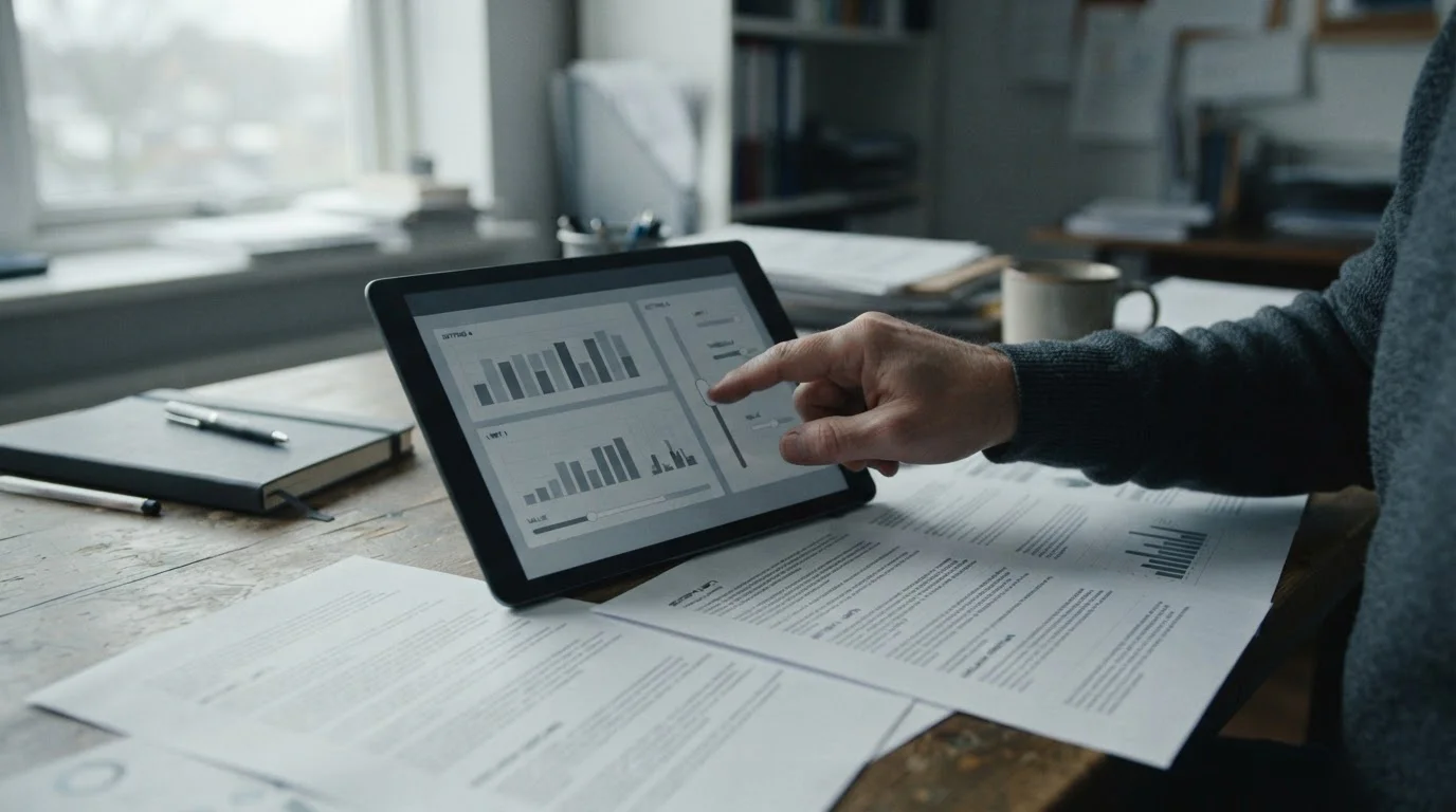 Mano ajustando un límite de depósito en una tablet junto a documentos normativos