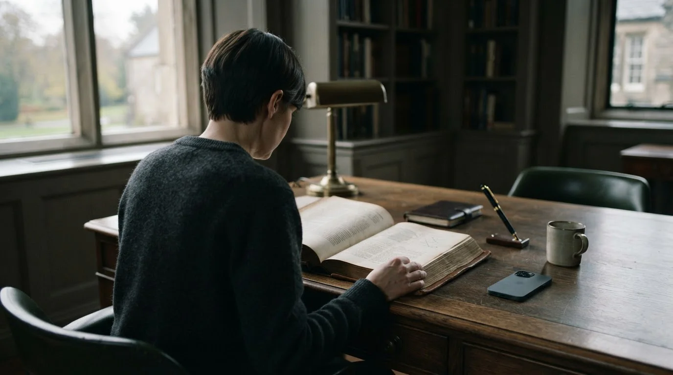 Persona de espaldas leyendo un documento encuadernado en un escritorio ordenado