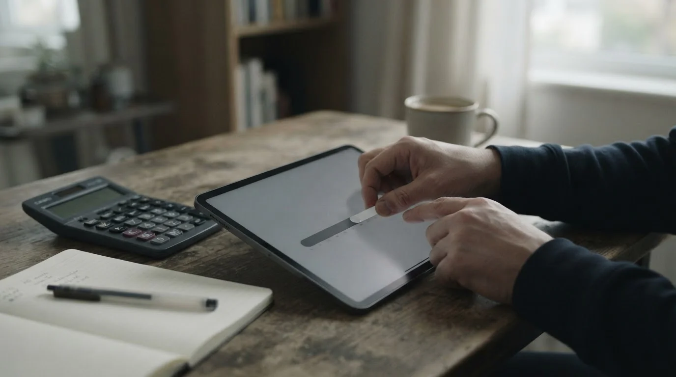 Manos ajustando un límite de depósito en una tablet junto a una calculadora