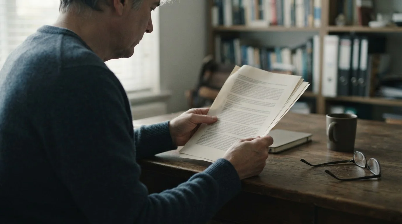 Manos sosteniendo un documento normativo con texto ilegible sobre un escritorio
