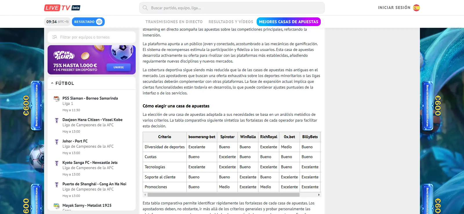 Guía editorial de LiveTV con perfiles de siete operadores diferentes
