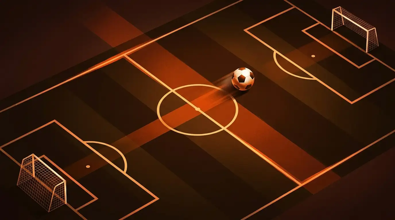 Balón de fútbol entre líneas iluminadas de un campo con trayectorias cruzadas