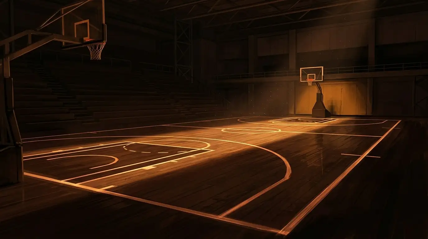 Pista de baloncesto vacía con límites y zonas claramente delimitadas