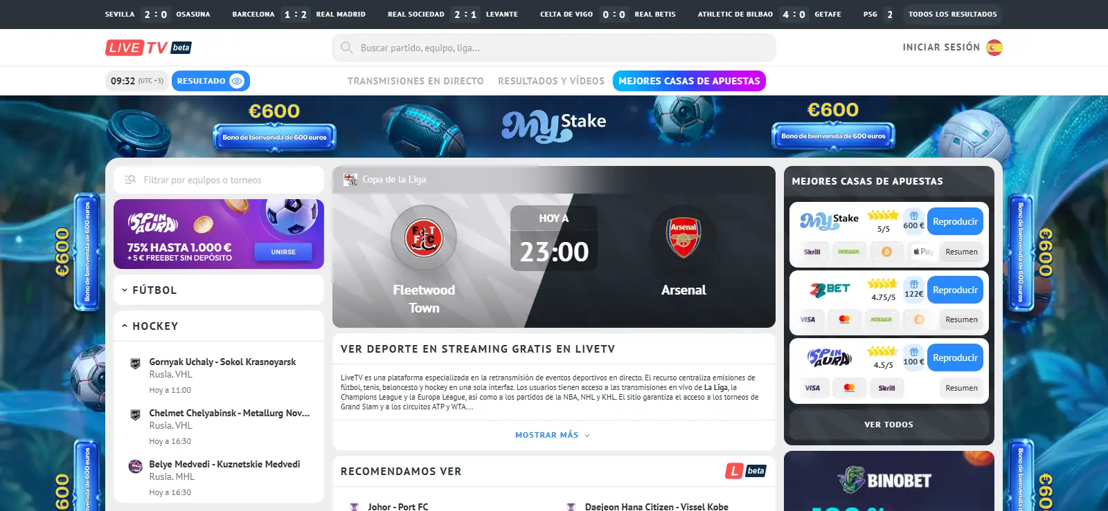Portada de LiveTV con apartados de directos y resultados deportivos