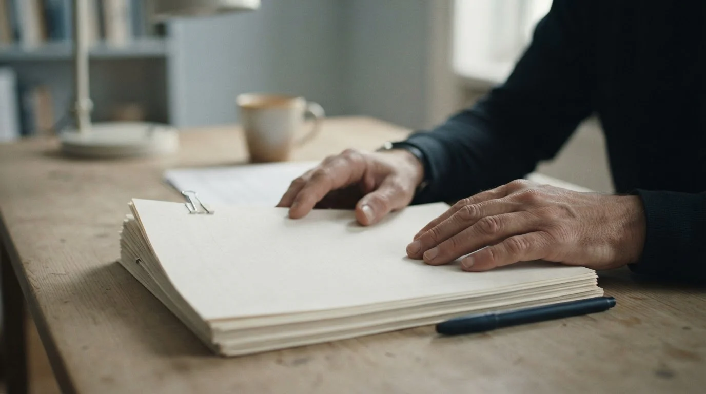 Manos sobre un documento normativo en un escritorio