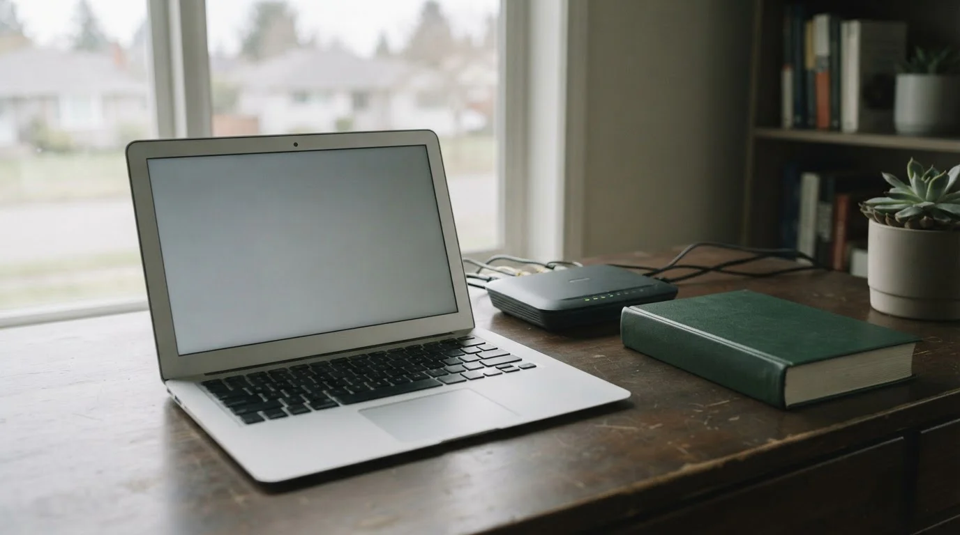 Portátil, router y libro de leyes cerrado sobre un escritorio