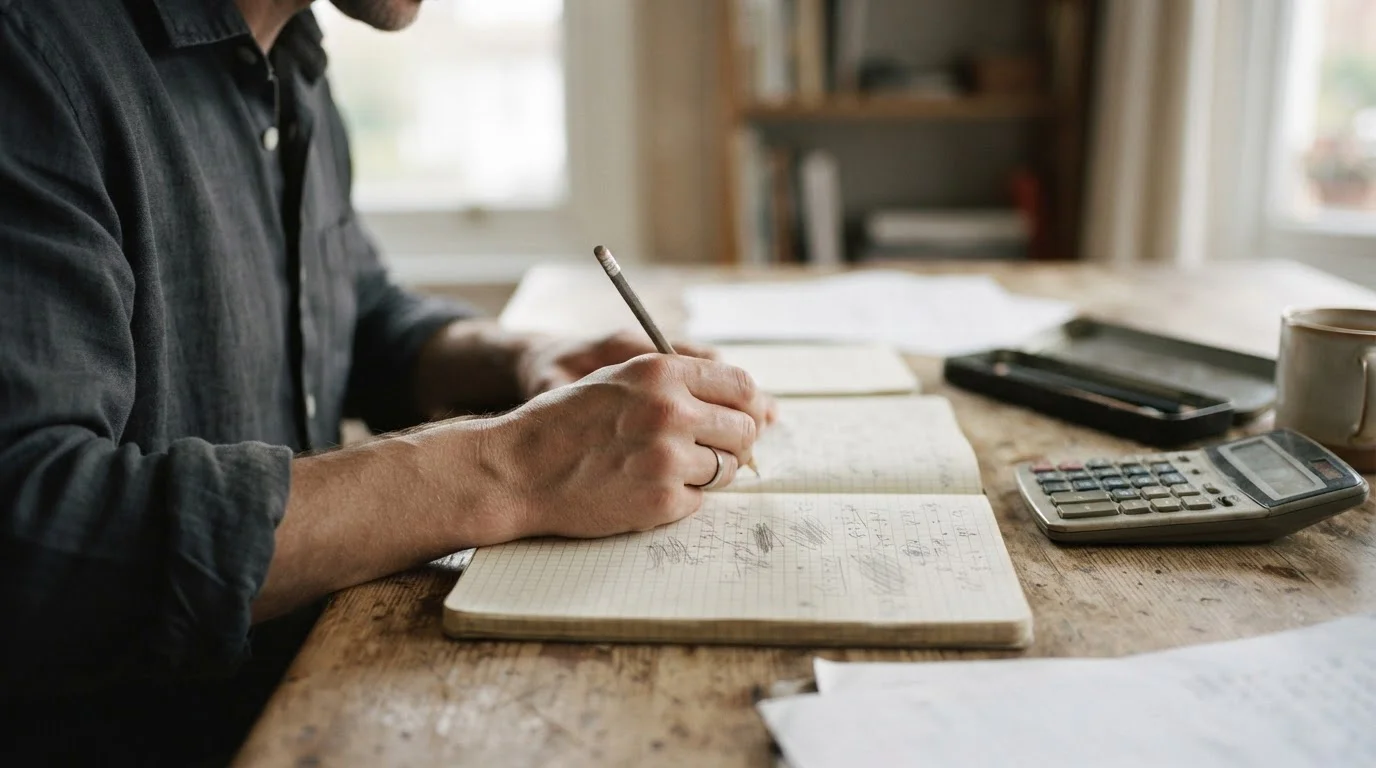 Cálculos a lápiz en un cuaderno cuadriculado junto a una calculadora