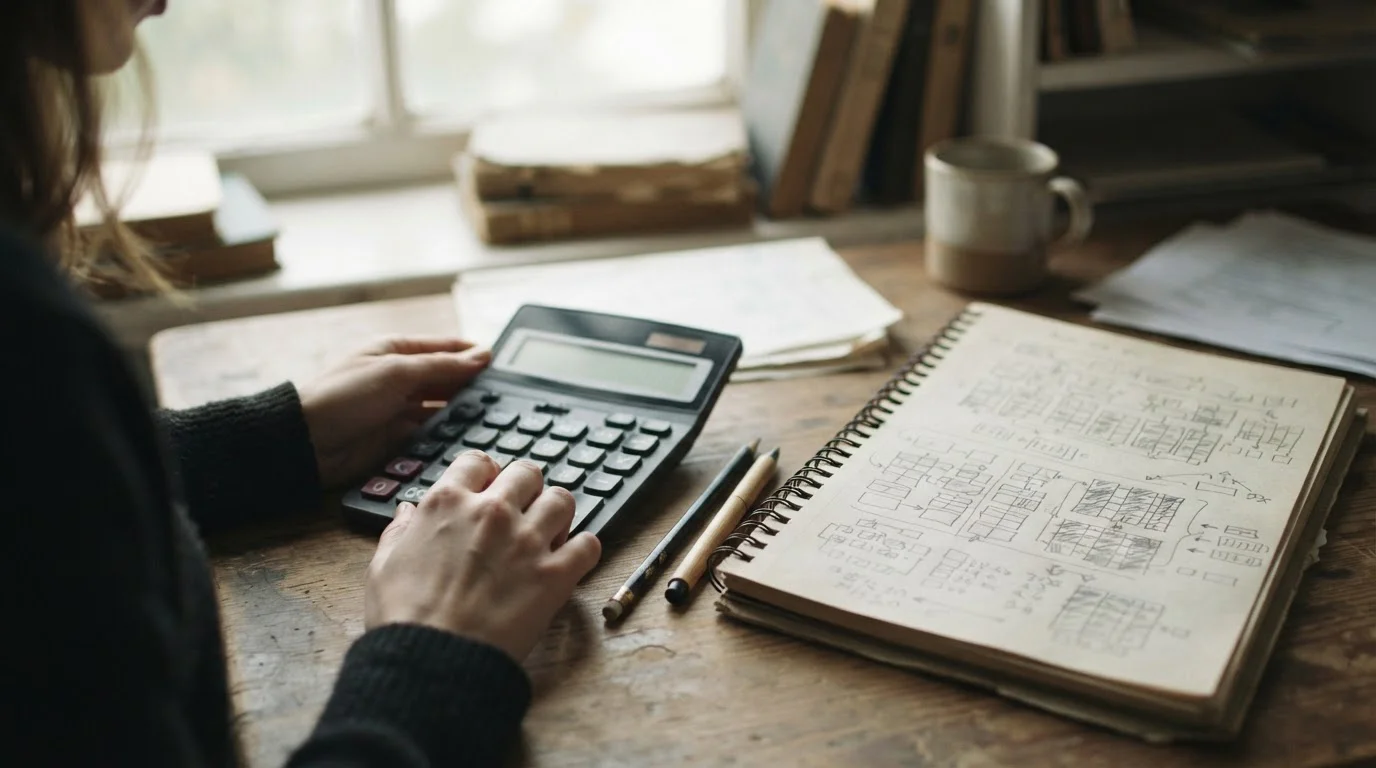 Manos con una calculadora junto a un cuaderno de casillas enlazadas