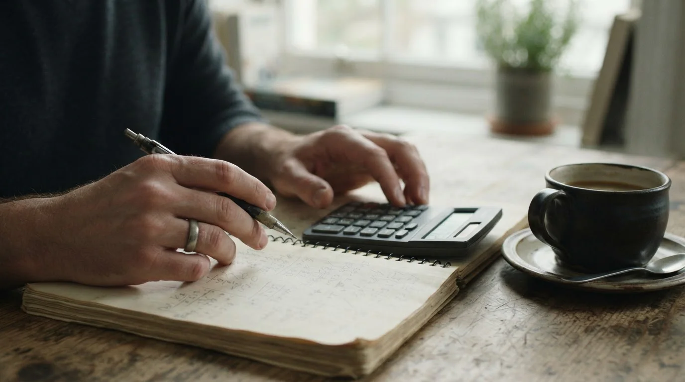 Manos con una calculadora y un cuaderno de cálculos a lápiz