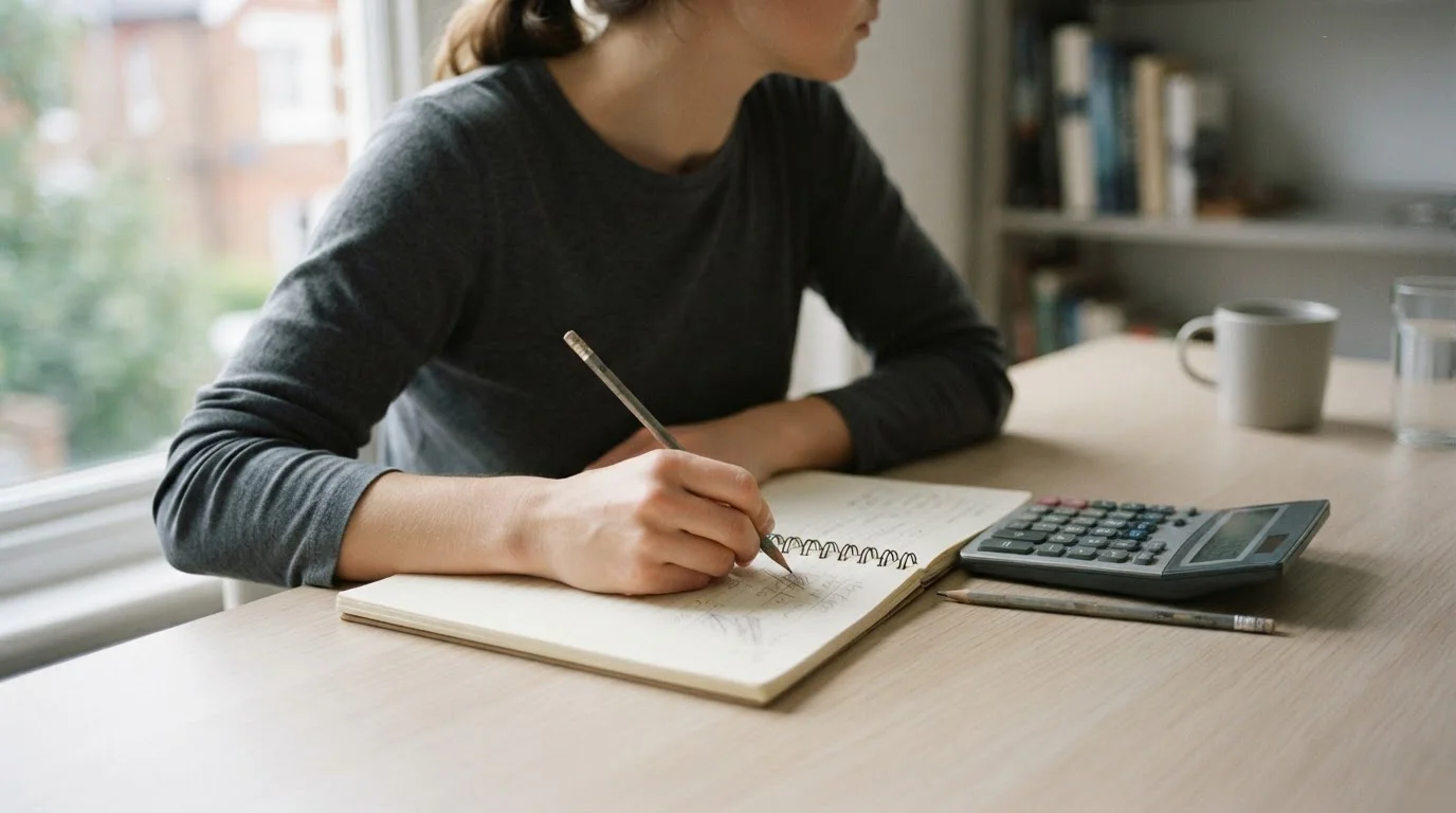 Mano haciendo cálculos a lápiz junto a una calculadora sobre un escritorio claro