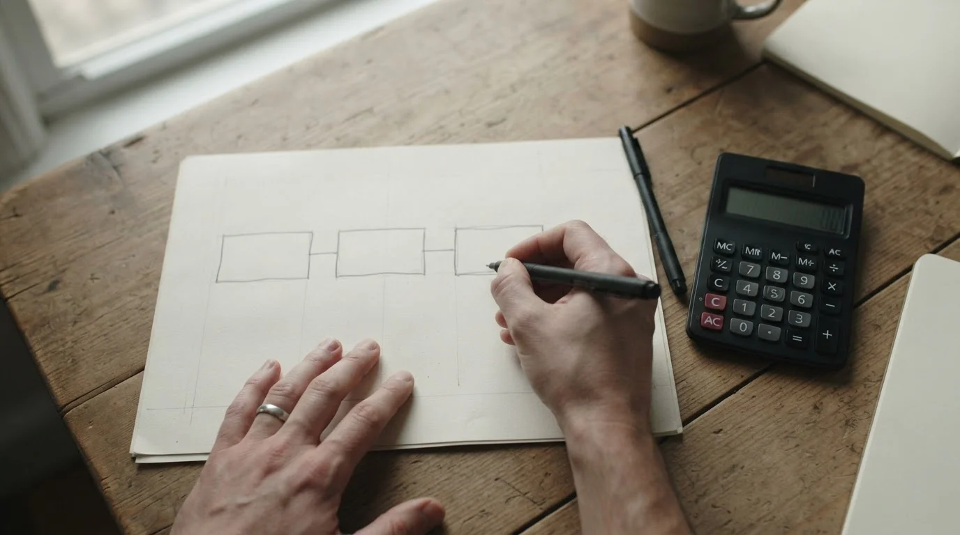 Mano que dibuja tres casillas encadenadas junto a una calculadora