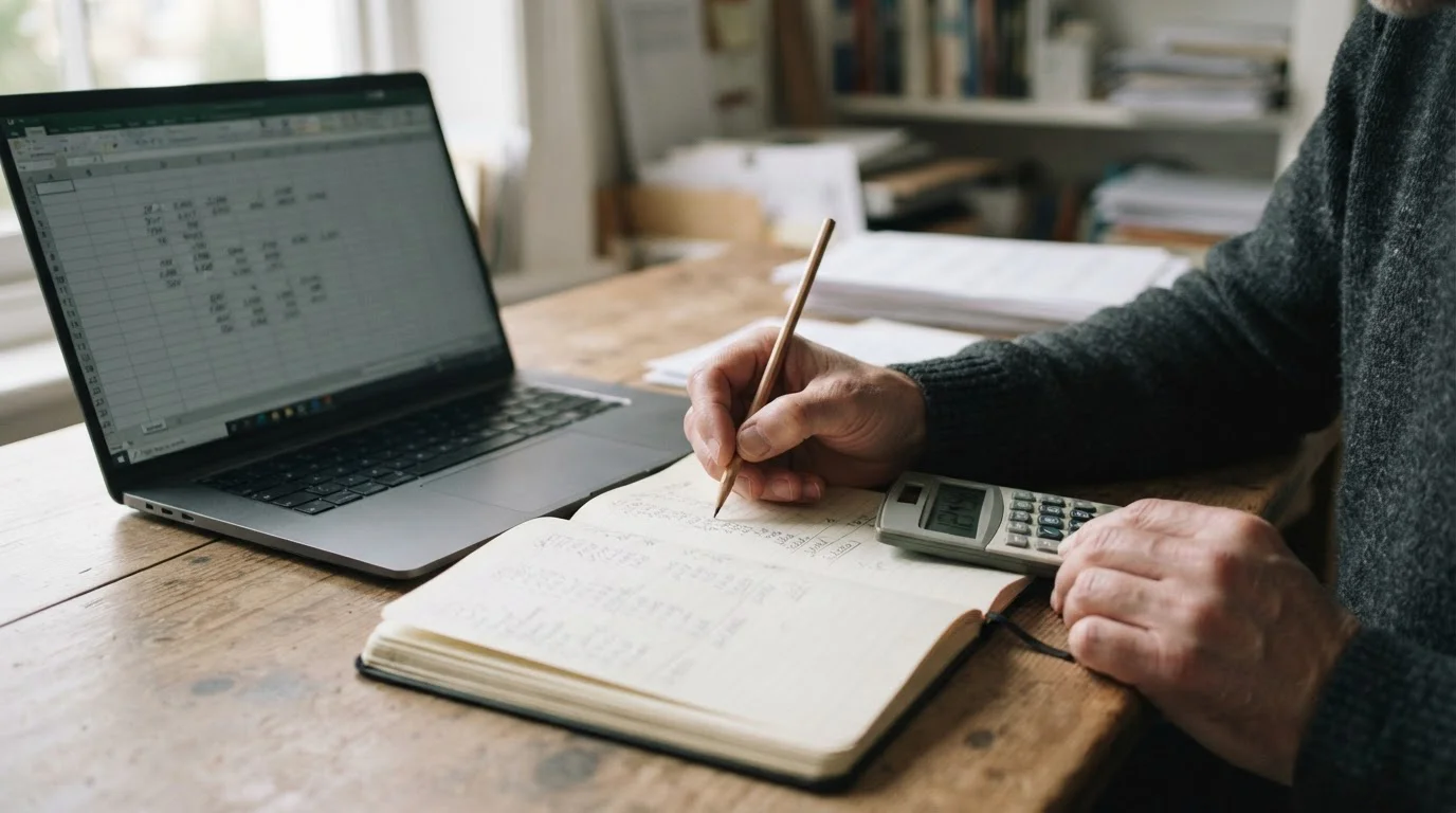 Manos con lápiz y calculadora junto a un cuaderno de cálculos