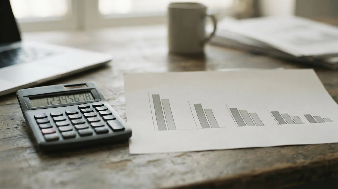 Calculadora junto a gráficos de barras que disminuyen paso a paso