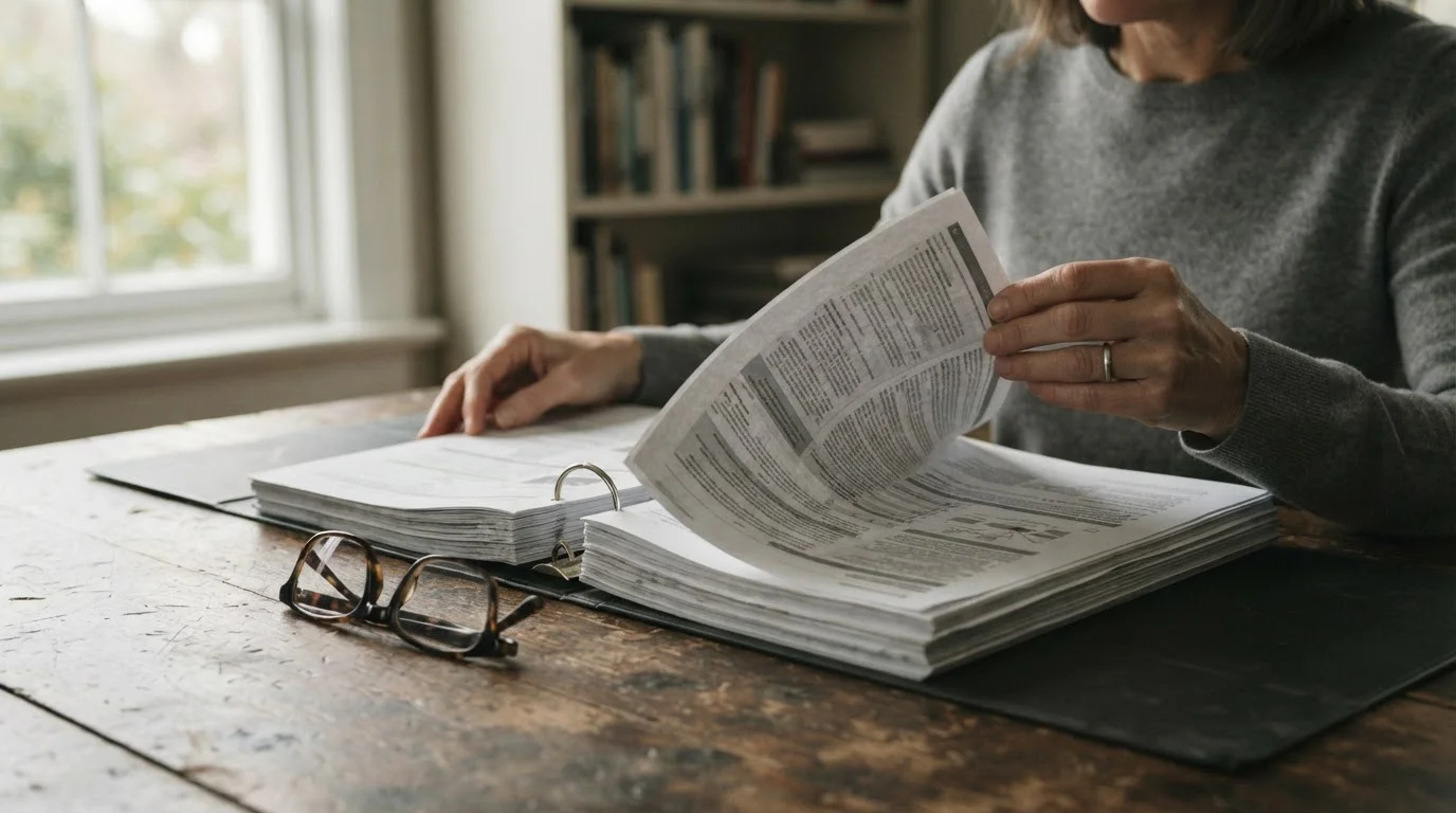 Manos de un adulto repasando un dossier de normativa impresa