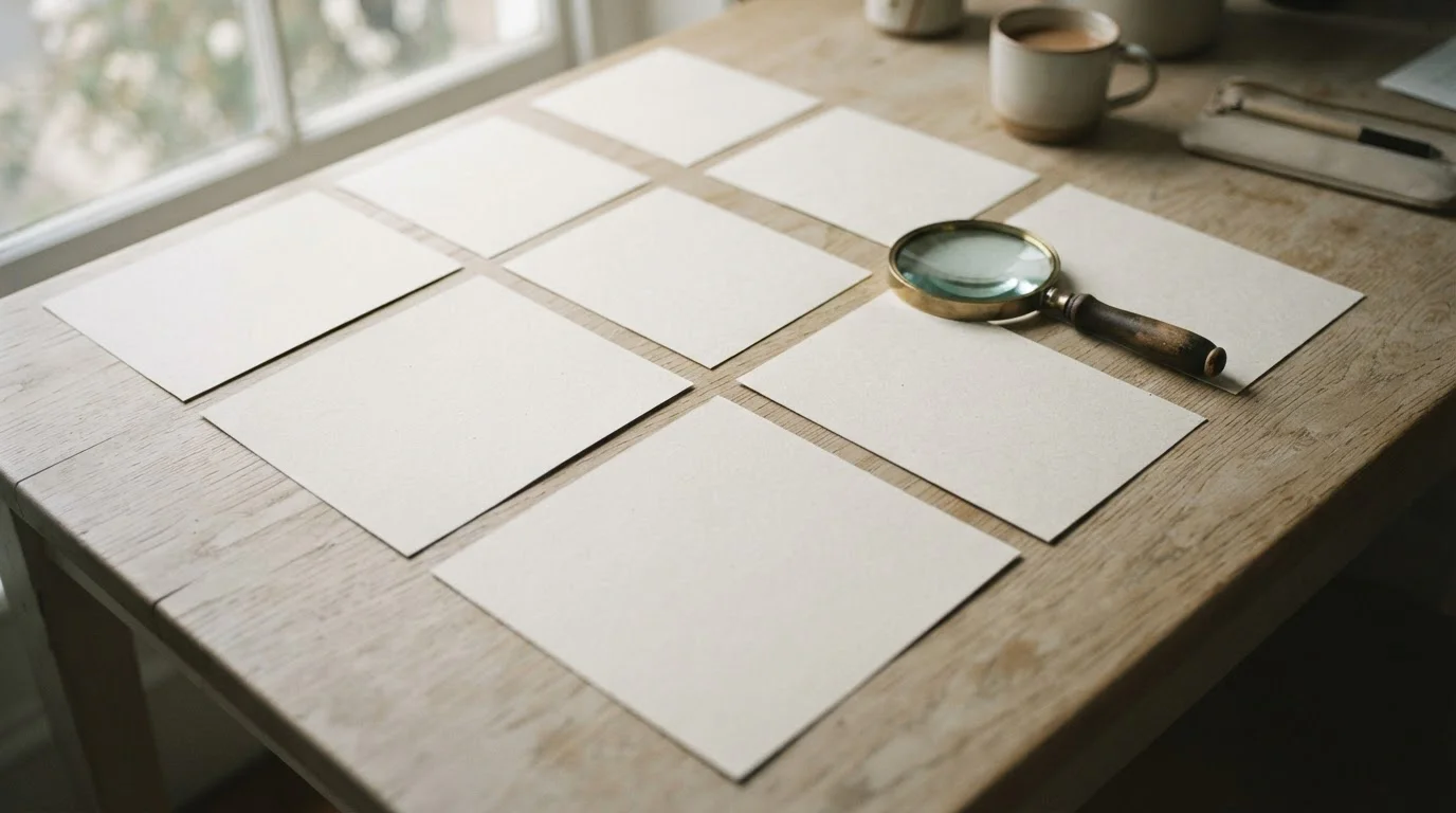 Ocho hojas en blanco sobre una mesa, una de ellas bajo una lupa
