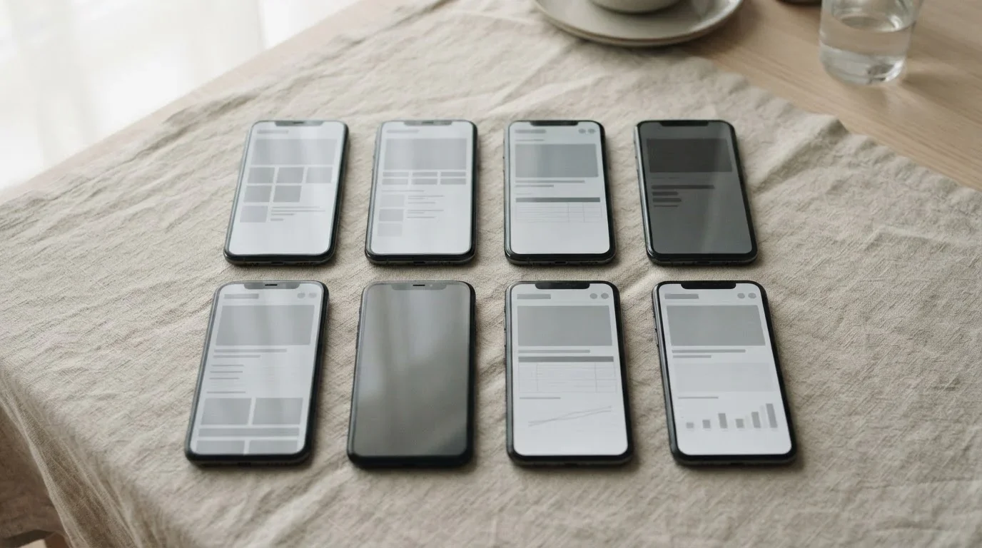 Ocho móviles con interfaces genéricas dispuestos en cuadrícula sobre una mesa