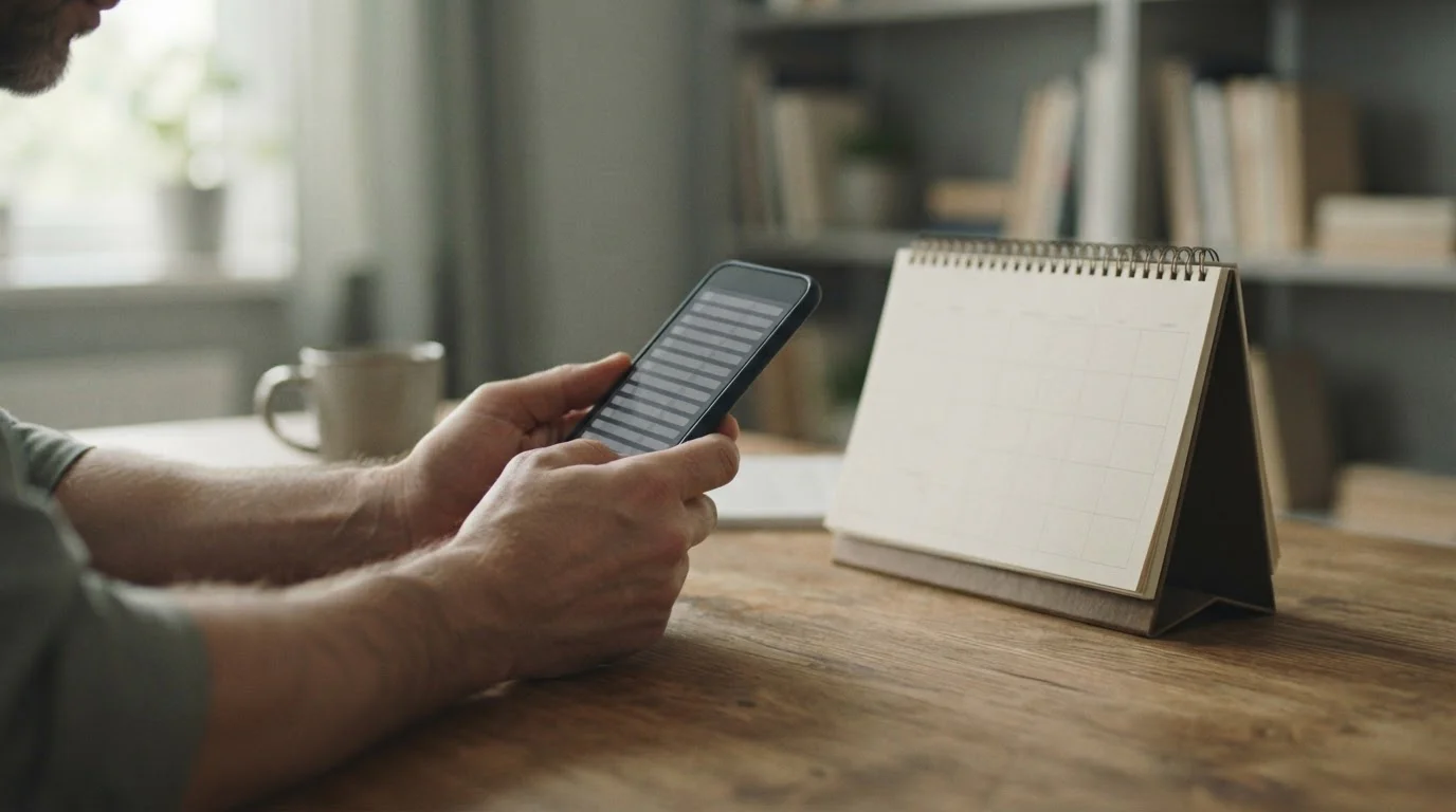 Manos con un móvil junto a un calendario de mesa