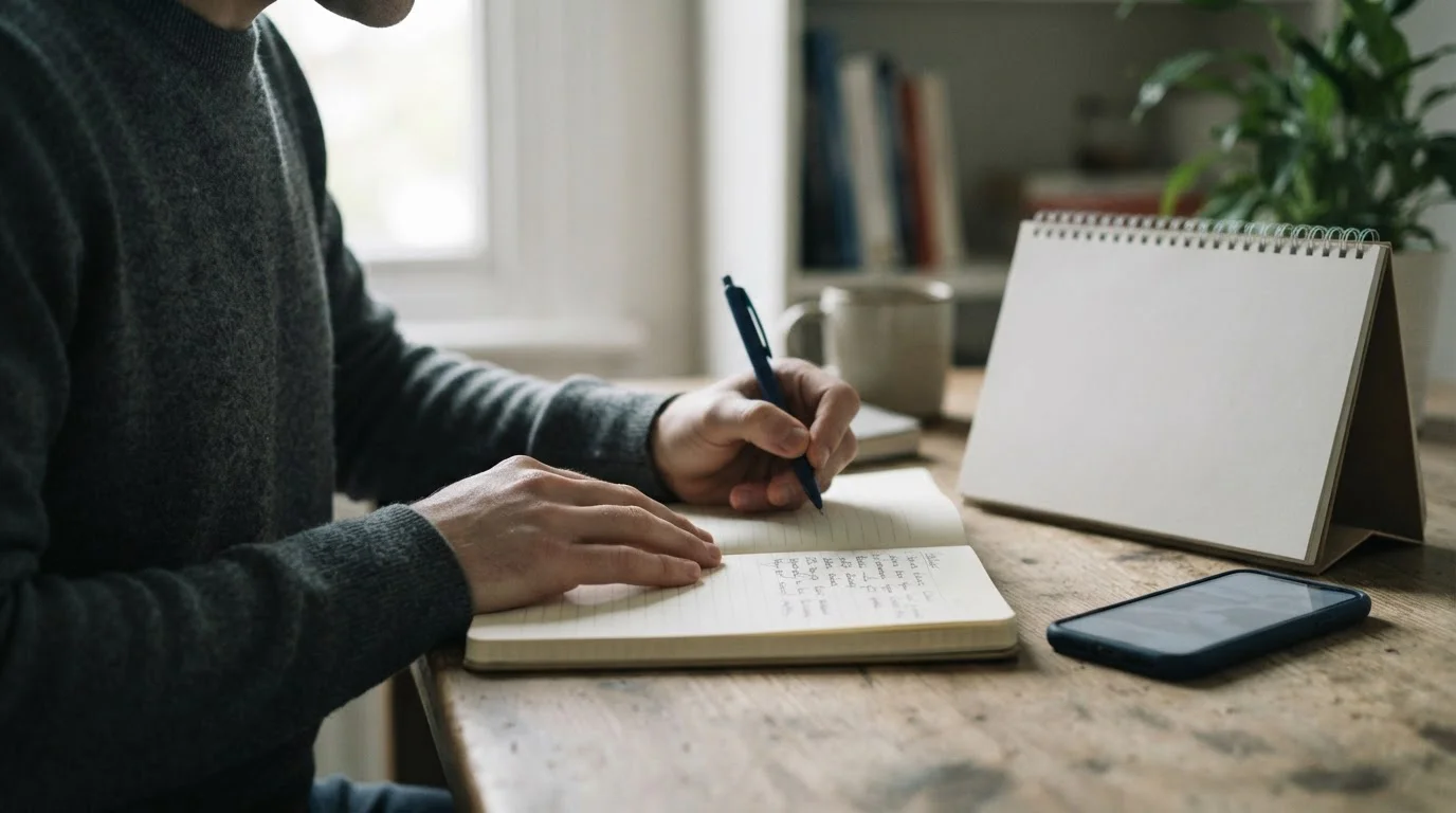 Manos anotando fechas en una libreta junto a un calendario de mesa y un móvil