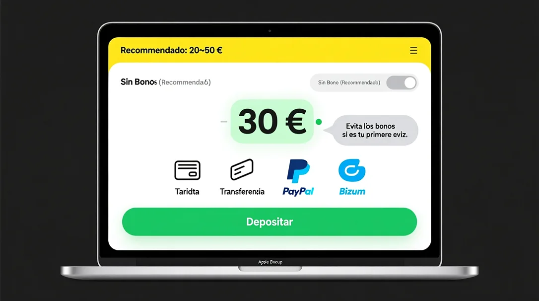Interfaz de depósito en casa de apuestas mostrando cómo hacer el primer depósito de 30 euros sin aceptar bonos