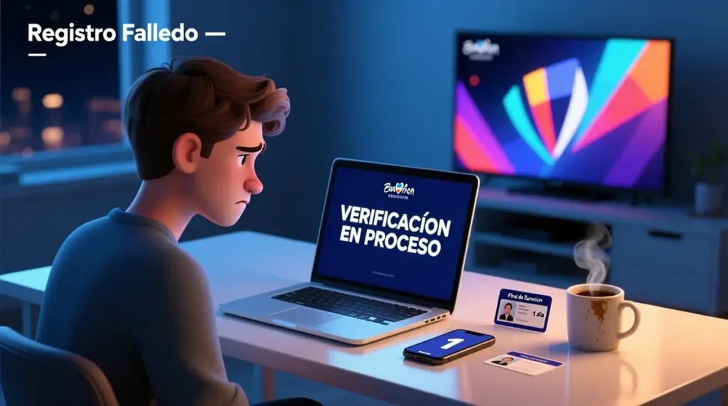 Persona frustrada frente al ordenador intentando registrarse en casa de apuestas el último momento antes de la final de Eurovisión