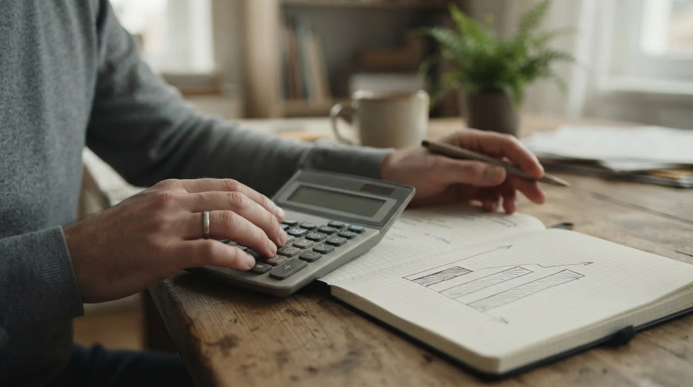 Calculadora y cuaderno con una progresión de importes dibujada en barras