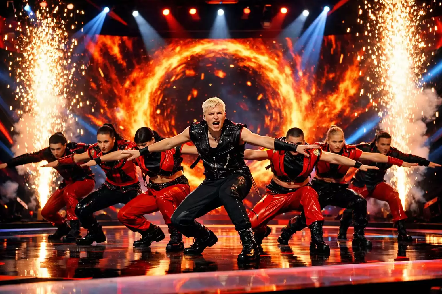 Vista del escenario de Eurovisión mostrando coreografía y efectos visuales