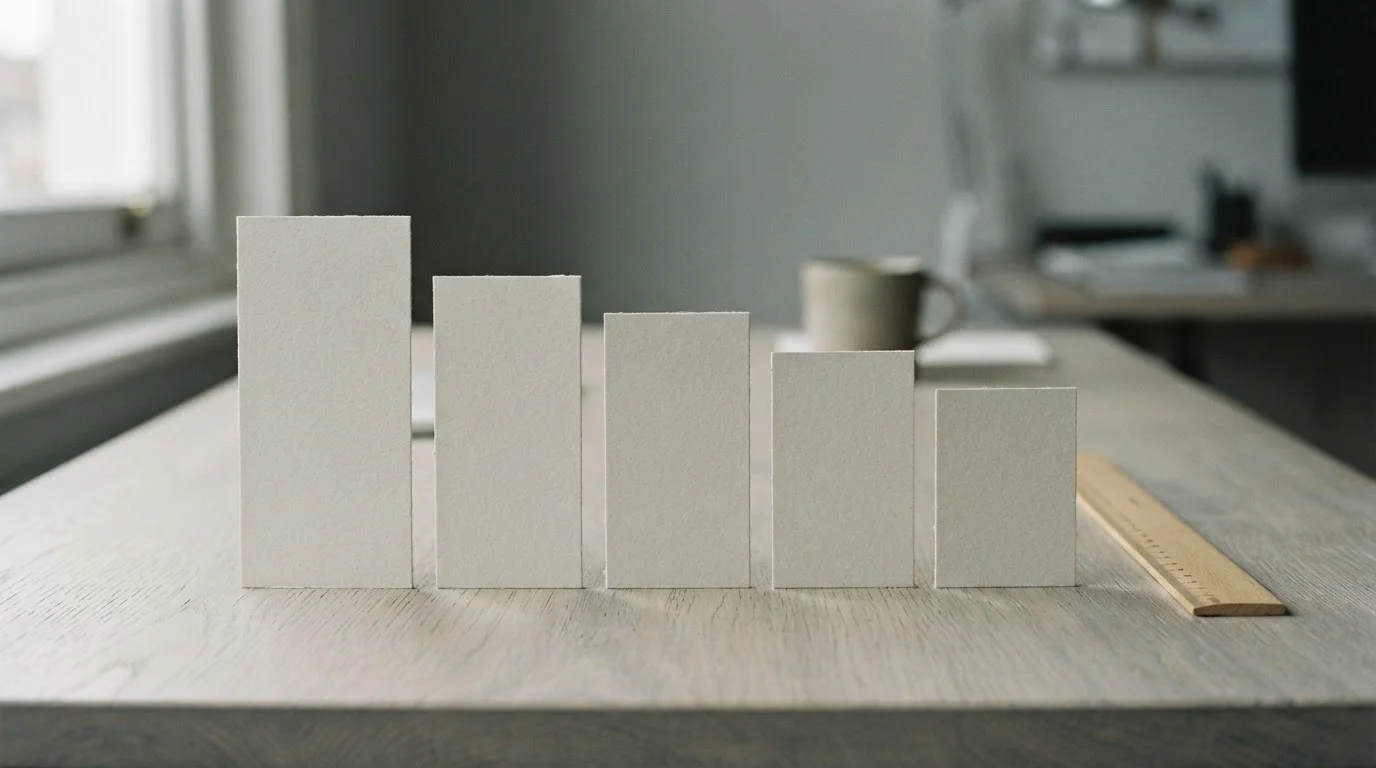 Cinco piezas de papel en blanco ordenadas por altura sobre un escritorio claro