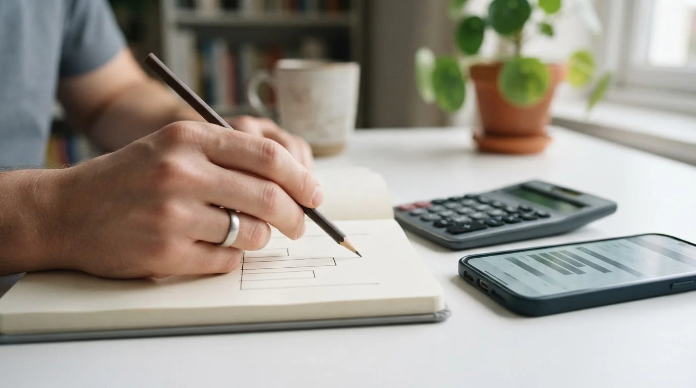 Calculadora, cuaderno con un gráfico de barras a mano y un móvil con una tabla sin nombres