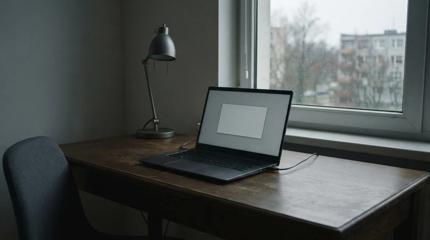 Portátil con un aviso gris en pantalla sobre un escritorio vacío