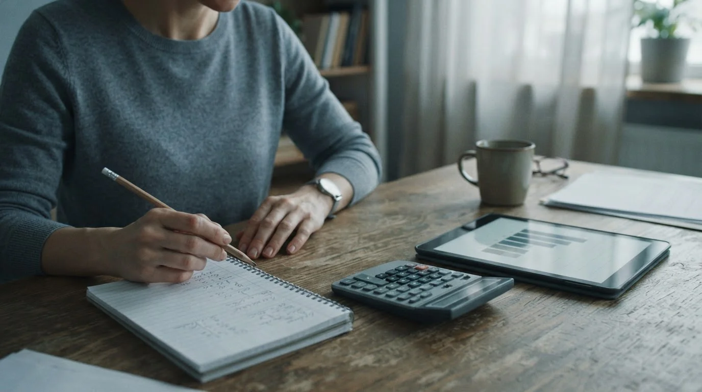 Manos con un lápiz junto a una calculadora y una gráfica de barras descendente