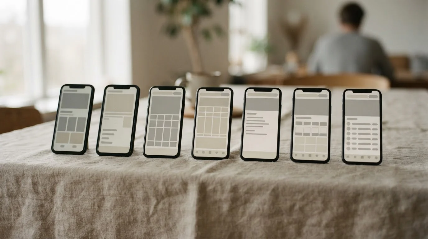 Siete móviles alineados con interfaces neutras de apps de apuestas