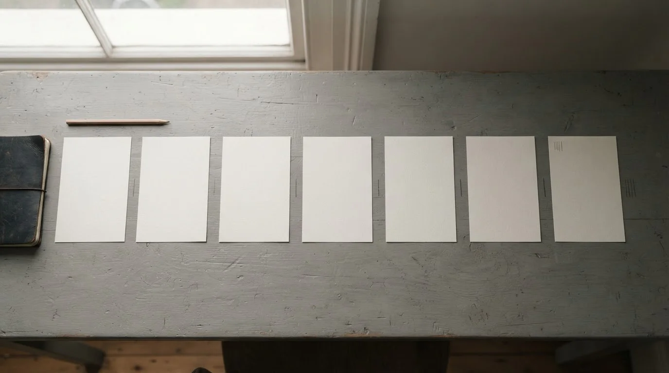 Siete hojas en fila con anotaciones a lápiz sobre una mesa gris