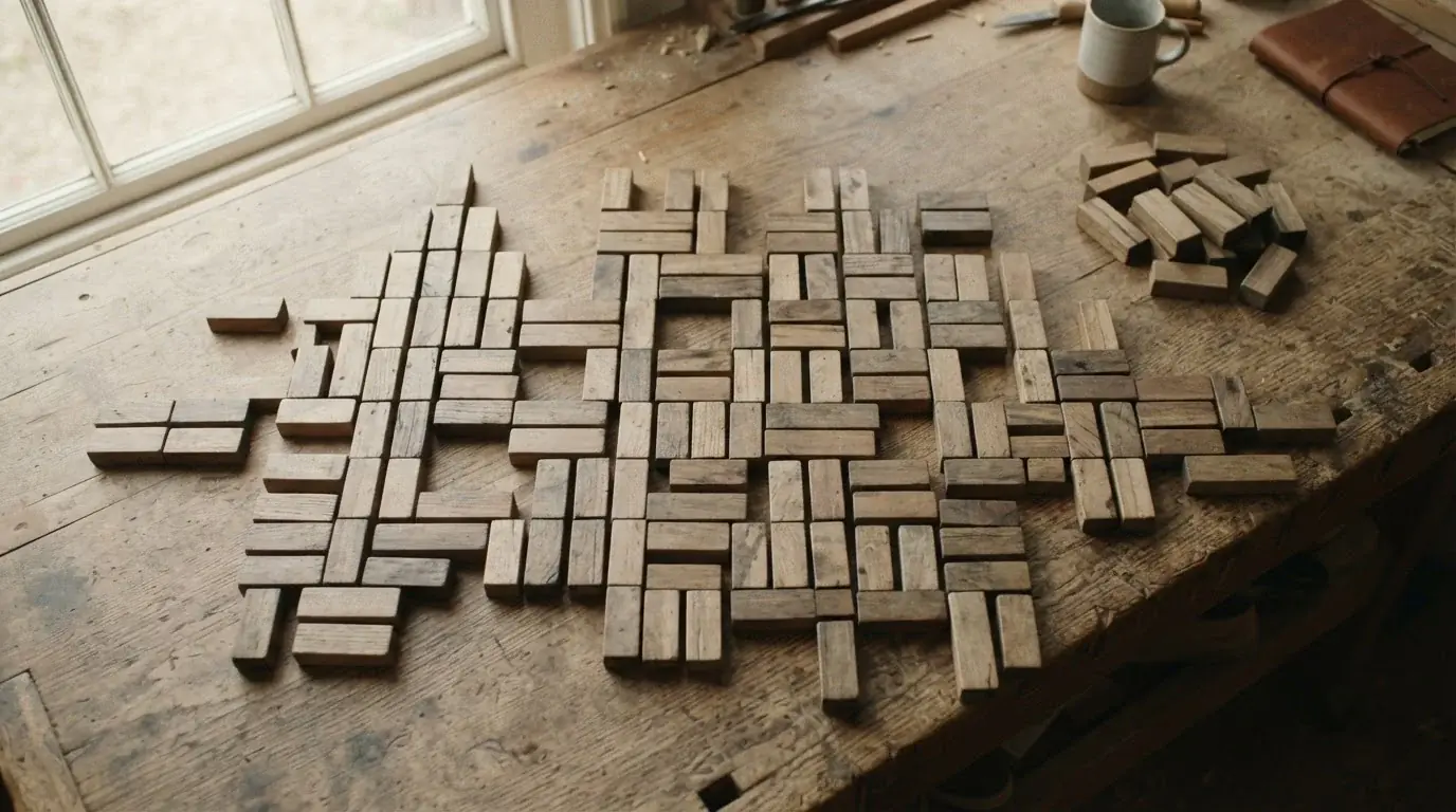 Bloques de madera en una cuadrícula ramificada, con varios apartados a un lado