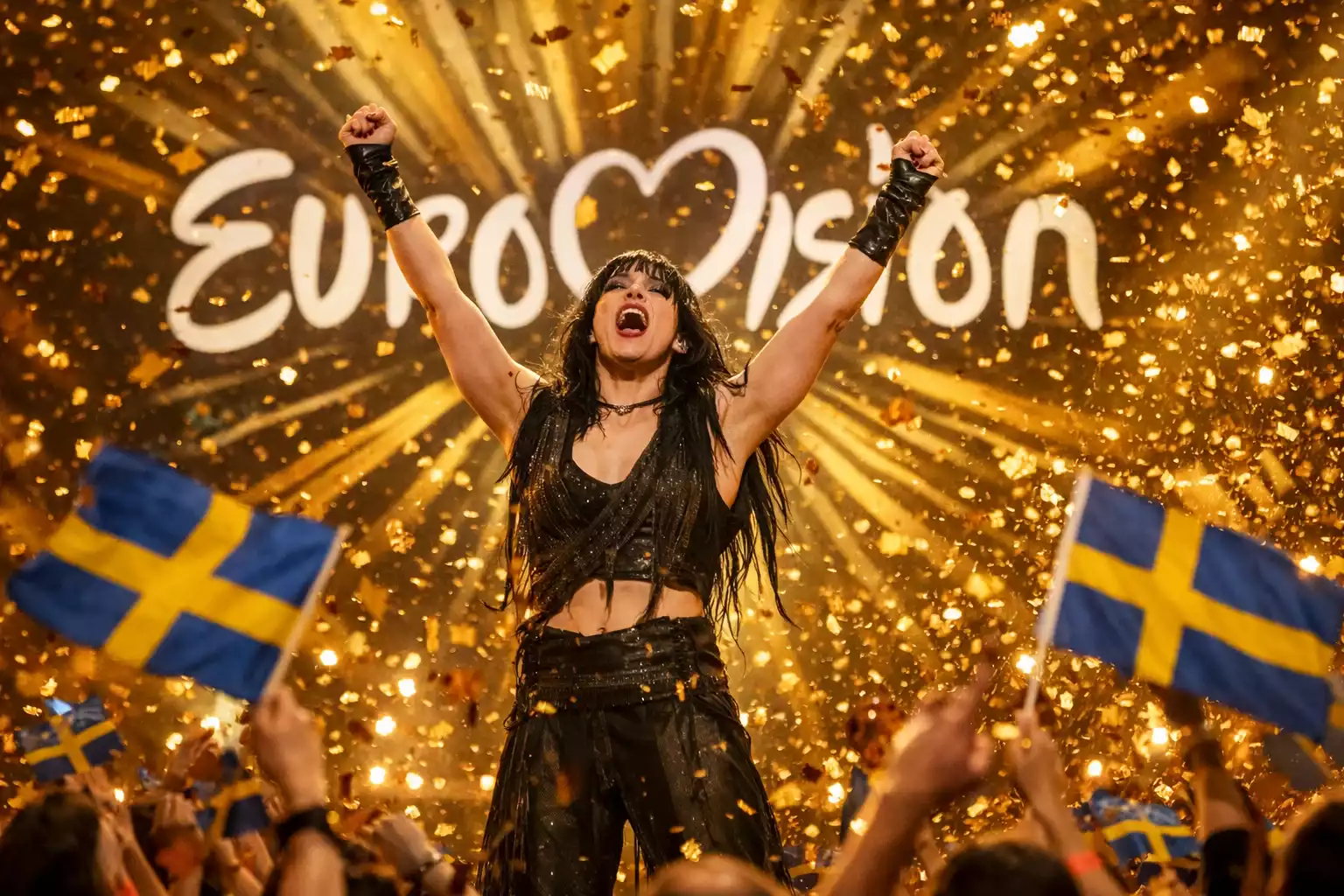 Artista sueco celebrando victoria en Eurovisión con banderas