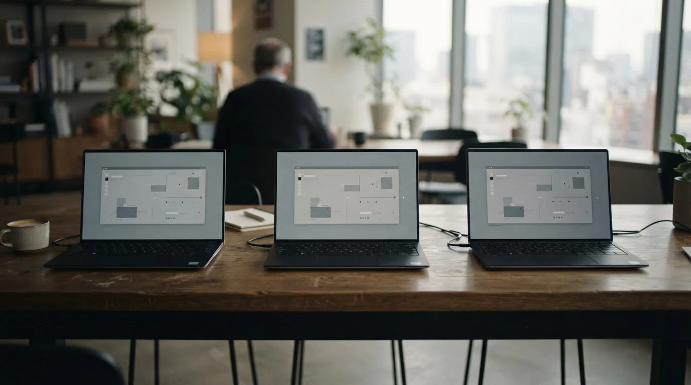 Tres portátiles idénticos con la misma interfaz en pantalla
