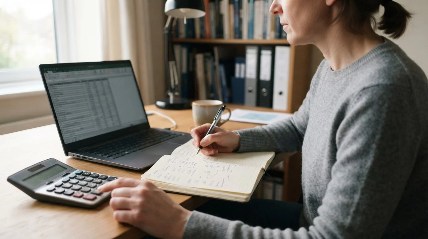 Calculadora, cuaderno y portátil para estimar la tributación de las ganancias