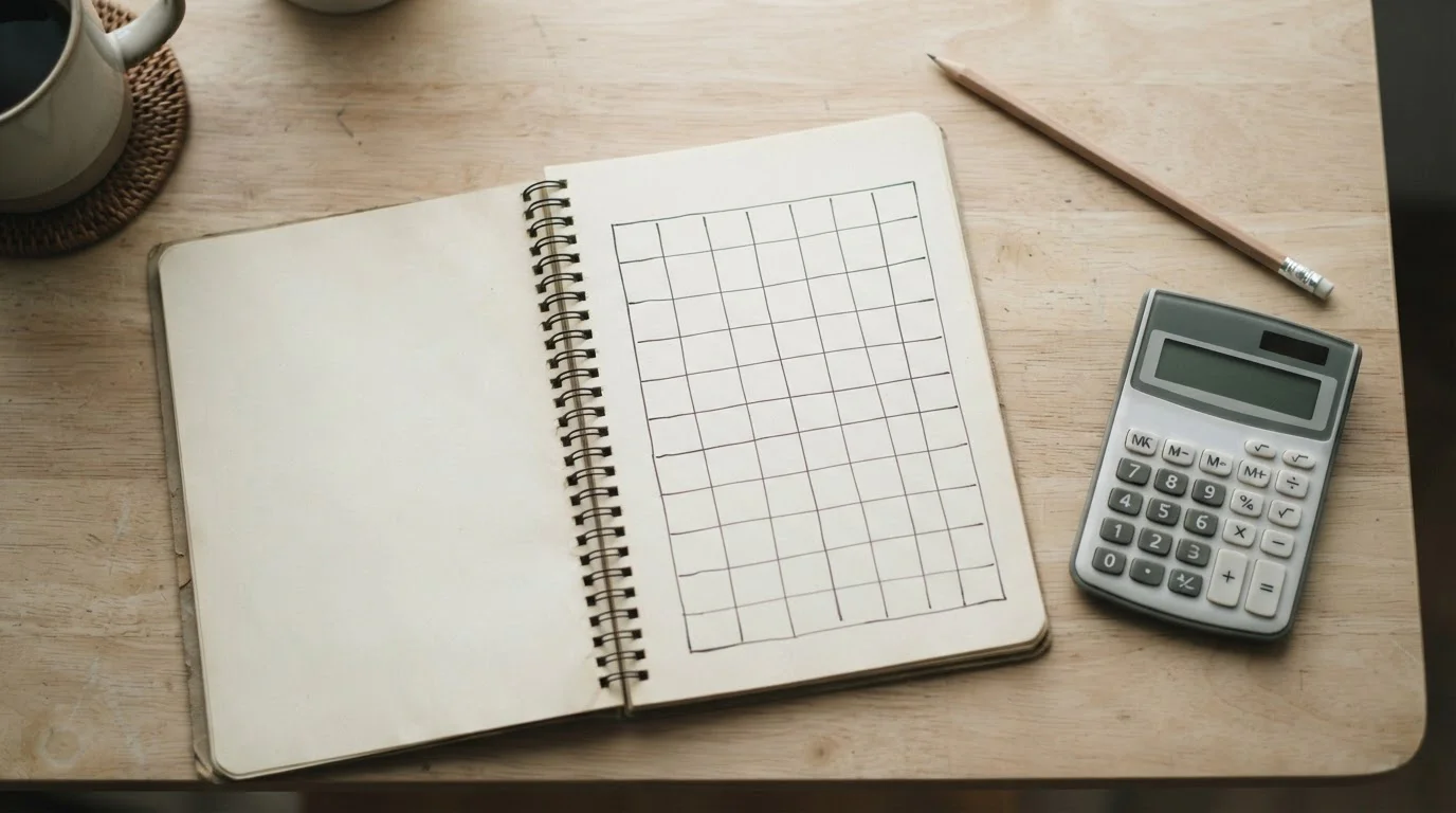 Cuaderno con una cuadrícula a lápiz y una calculadora sobre un escritorio
