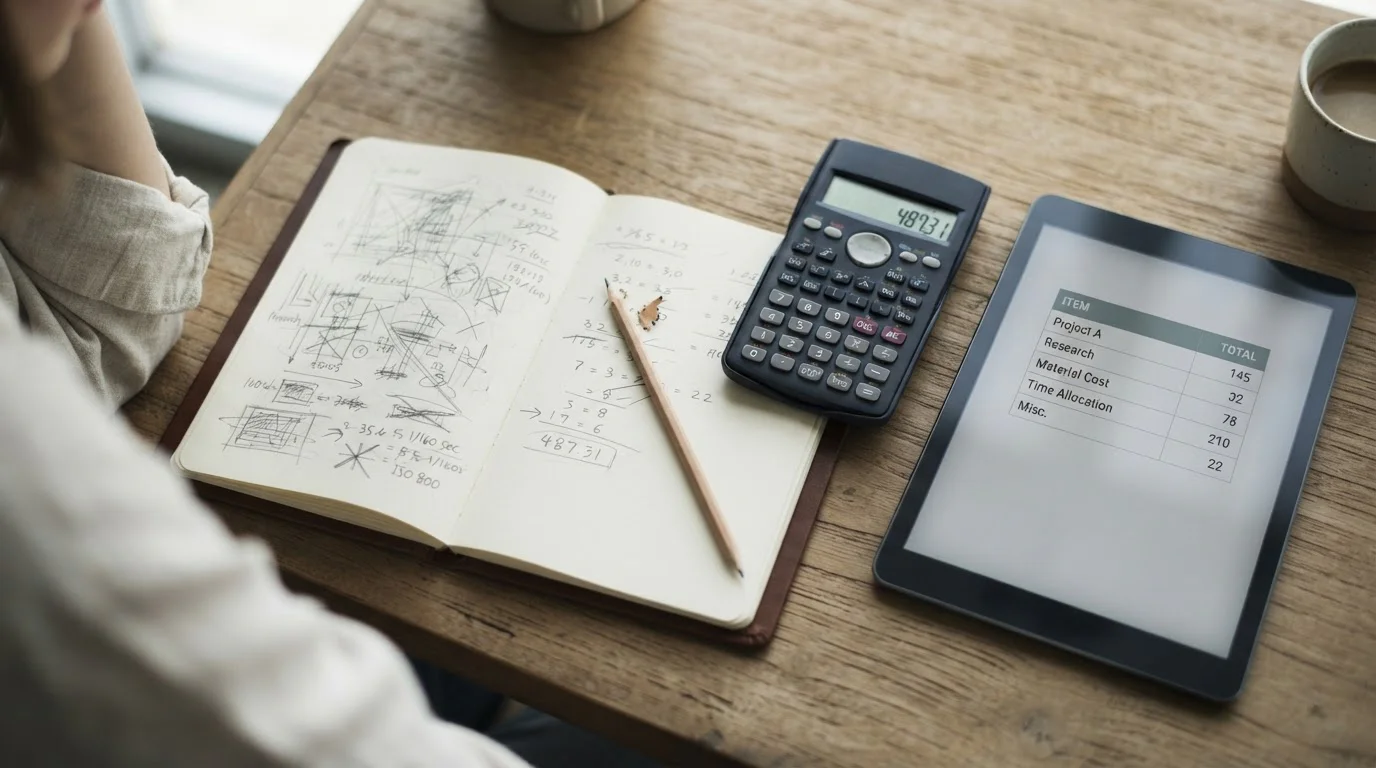 Cuaderno con cálculos, calculadora y una tabla comparativa en una tableta