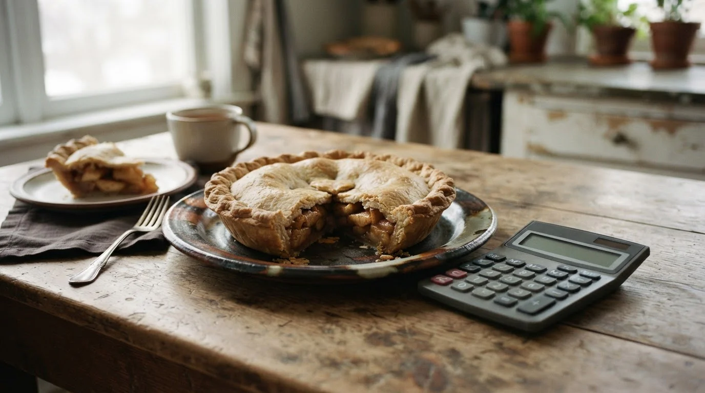 Tarta con un tercio retirado junto a una calculadora sin cifras
