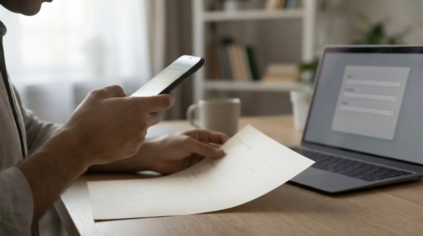 Manos fotografiando un documento con el móvil para verificar la cuenta